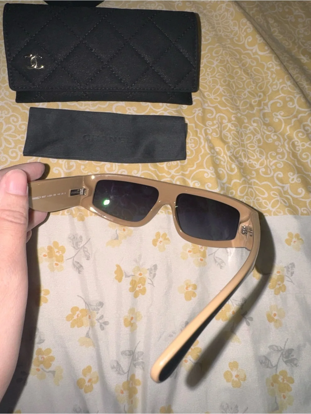 CHANEL Shield Sunglasses in Black and Beige with Gradient Gray Lenses